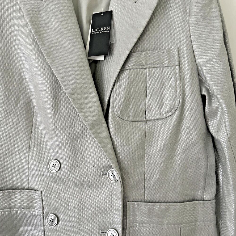 Lauren Ralph Lauren Women's Foiled Linen-Cotton Blazer Silver Foil Light Gray 6 - Picture 6 of 13